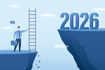 Business prospects in 2026, business targets in 2026, vision of future success, achievement targets in new year, businessman uses ladder for climbing cliff of 2026 targets