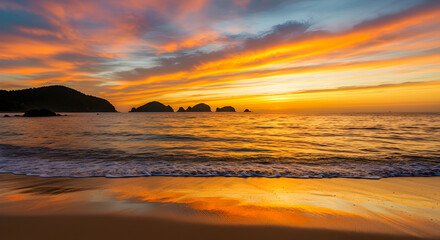 Obraz premium Spectacular Golden Sunset Over the Ocean with Island Silhouettes and Sand Reflections