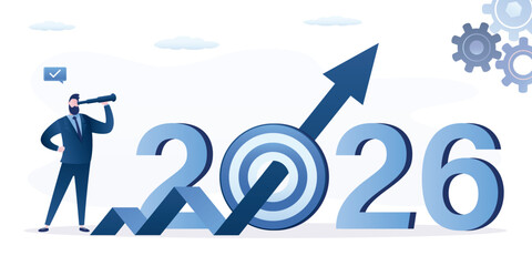 Economic prospects in 2026 year. Visionary looking future with spyglass. Smart businessman look through binoculars at growing chart. Business opportunities and targets or goals.