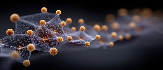 Abstract 3D network of golden spheres connected by a dotted mesh on a dark background, suggesting data flow, digital connectivity and molecular structure.