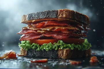 A towering blt sandwich with layers of crispy bacon, juicy tomatoes, and fresh lettuce on toasted bread, a satisfying and flavorful meal for any occasion