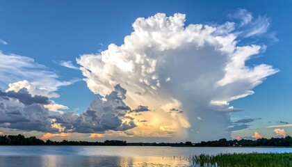 Dramatic sunset over a lake with towering clouds