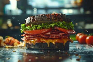 A delectable pastrami sandwich with melted cheese, juicy tomatoes, and crisp lettuce, creating a culinary masterpiece on a dark background