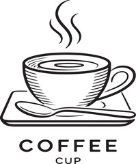 Black and White Steaming Coffee Cup with Spoon and Saucer Line Art