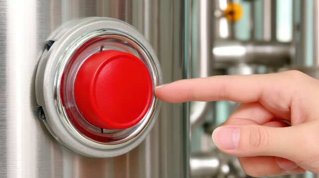 Emergency action industrial safety button press factory image close-up alertness safety protocol