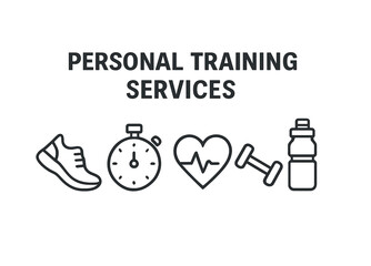 Personal training services icon set: sneaker, stopwatch, heartbeat, dumbbell, water bottle