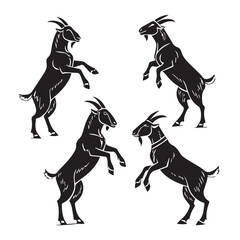 A captivating illustration showcasing four majestic goats, each rendered in striking silhouette against an isolated on white background, creating a visually dynamic composition