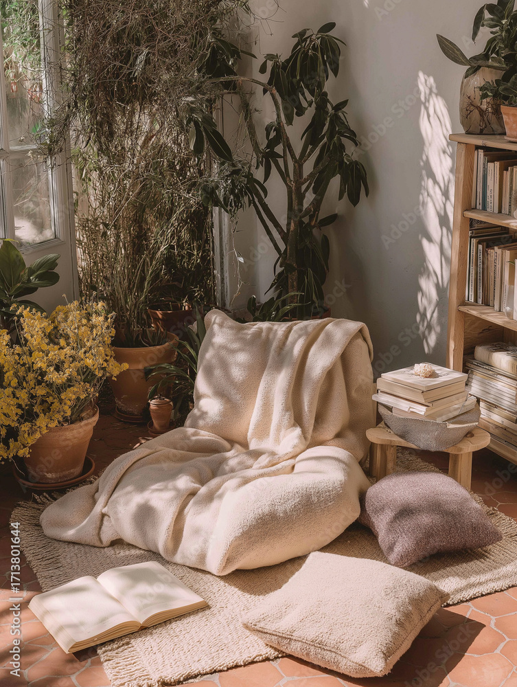 Poster cozy living room with a large window on the left side. the window is covered with greenery and there