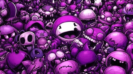 Purple Mayhem: A Dense Crowd of Grotesque, Cartoonish Monsters in a Psychedelic Digital Painting