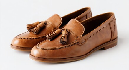 Pair of Tan Moccasin Shoes with Tassels and Leather Sole, Product Photography on White Background, Classic Comfortable Footwear Concept