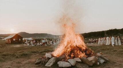 Large bonfire burning in a field with a group of people gathered around it. the bonfire is made up of large rocks and is burning brightly with orange and yellow flames.
