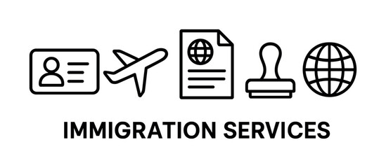 Immigration services icons: id card, airplane, document, stamp, globe