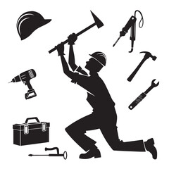 An illustration showcasing a construction worker with tools, including a hammer, drill, and toolbox, isolated on white background the design represents labor, skill, and craftsmanship