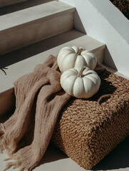 Three white pumpkins placed on a woven basket on the steps of a house. the basket is made of woven straw and has a handle on top. next to the basket, there is a beige scarf draped over the steps.