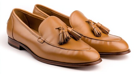 Pair of Tan Moccasin Shoes with Tassels and Leather Sole, Product Photography on White Background, Classic Comfortable Footwear Concept