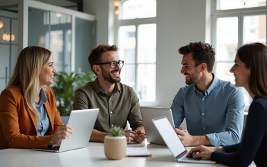 Friendly coworkers engaging in a bright modern office setting. High quality