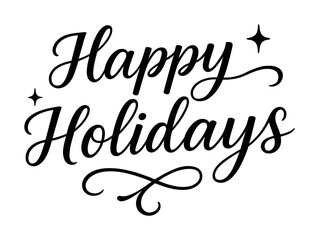 Happy holidays text with decorative calligraphy and stars