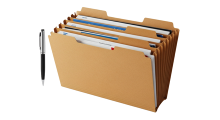 Expanding File Folder with Pen Organized Business Documents and Administrative Tools. clipping path. Business concept.