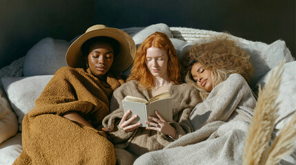 Three young women lying on a bed, wrapped in blankets. they are all looking at a book in the center of the bed.