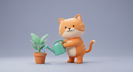 Fototapeta premium Cute Cartoon Cat Watering Plant in Pot on Gray Background
