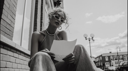 Black and white photograph of a young woman sitting on a bench on a street. she is wearing a sleeveless tank top and striped pants, and is holding a piece of paper in her hands.