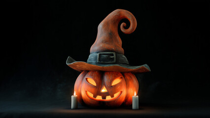 両脇に蝋燭が置かれて、堅そうな魔女の帽子をかぶるハロウィンカボチャ