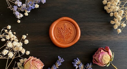 Rustic Wax Seal with Dried Flowers on Dark Wood Surface