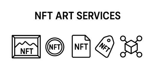 Icons representing nft art services: gallery, coin, document, tag, blockchain network