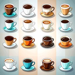 Colorful coffee cups of various types