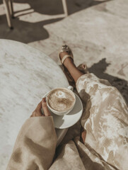 Person's legs and feet resting on a white marble table. the person is wearing beige pants and beige sandals. they are holding a white saucer with a cup of cappuccino on it.