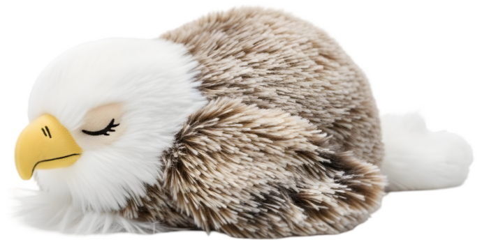 Soft plush eagle resting peacefully on a surface, showcasing its detailed fur and serene expression