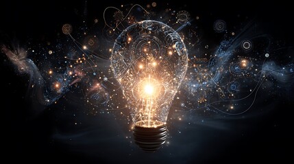 Business Innovation Mind Map Surreal Illustration Glowing Lightbulb Center Connected To Digital Nodes Creativity Progress Disruptive Ideas Cosmic Art