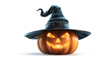 魔女の帽子をかぶったハロウィンカボチャ、地面影がある透過素材