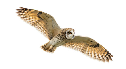 Isolated Short-eared Owl Flying, Against the Light, Wild Bird with Open Wings, Close Up