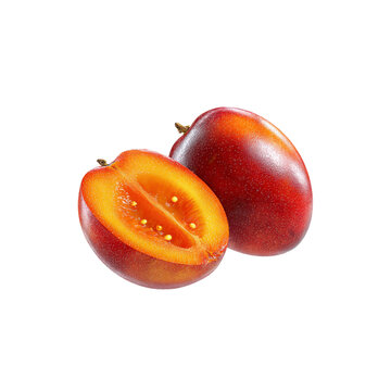 Fresh Tamarillo Fruit, One Cut in Half, Isolated on White Background