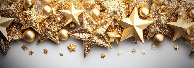Gold Christmas ornaments, stars and balls, scattered on a light gray background