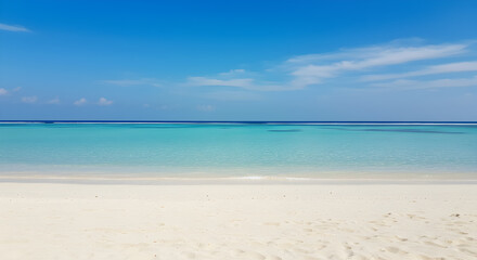 Fototapeta premium Tranquil Turquoise Sea Horizon on White Sandy Beach Under Clear Blue Sky in Tropical Coastal Scene