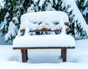 Snowy bench in winter forest