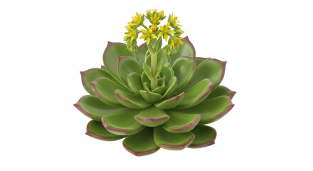 Isolated Echeveria succulent with yellow flowers blooming from the rosette center, flowering