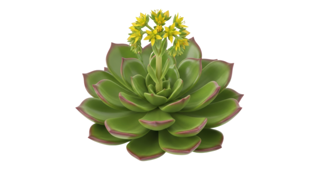 Isolated Echeveria succulent with yellow flowers blooming from the rosette center, flowering