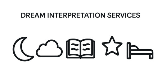 Dream interpretation services icons: moon, cloud, book, star, bed