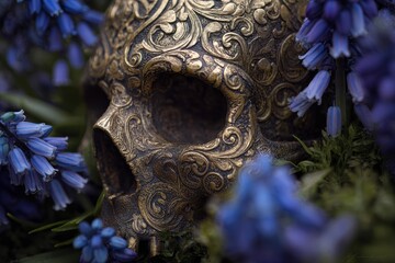 Intricate gold detailing adorns a skull surrounded by delicate blue flowers, creating a captivating still life.