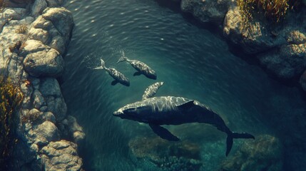 Underwater Family: Majestic Whales Swim in Tranquil, Sunlit Waters.