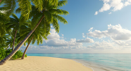 Fototapeta premium Tropical Beach Scene with Palm Trees White Sand and Turquoise Water Under Blue Sky With White Clouds