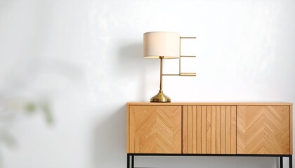 Modern table lamp and cabinet on a white wall