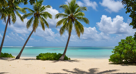 Fototapeta premium Tropical Beach Scene with Palm Trees White Sand and Turquoise Water under a Blue Sky
