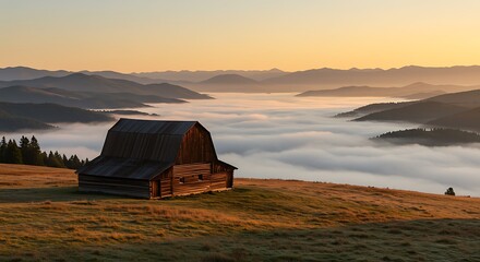 Rustic wooden barn on a misty mountain ridge at sunrise