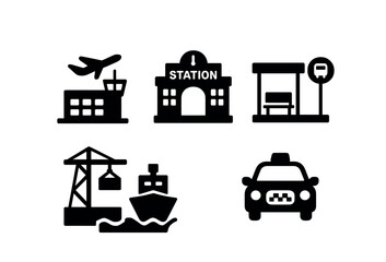 Transportation icons set with plane, bus, train, ship, and taxi symbols
