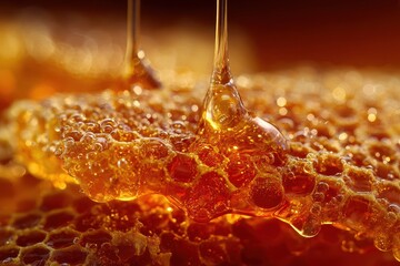 Golden Honey Drizzling onto Intricate Hexagonal Honeycomb Structure, Macro Close-Up.