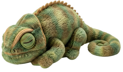 Fototapeta premium Plush chameleon toy resting on a surface with a soft texture, ideal for children's play and decor